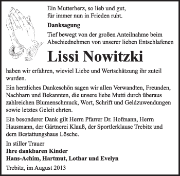 Traueranzeige von Lissi Nowitzki von Super Sonntag Wittenberg