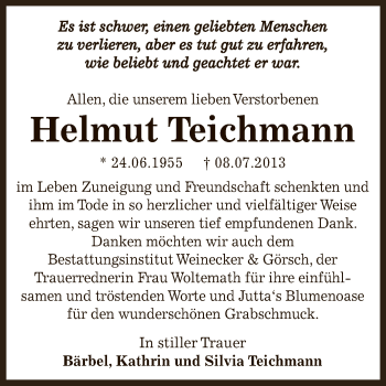 Traueranzeige von Helmut Teichmann von Super Sonntag Bernburg