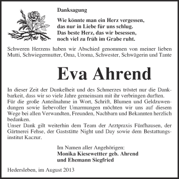 Traueranzeige von Eva Ahrend von WVG - Wochenspiegel Quedlinburg