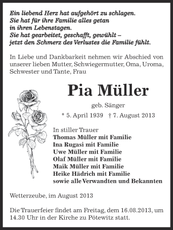 Traueranzeige von Pia Müller von Super Sonntag Zeitz