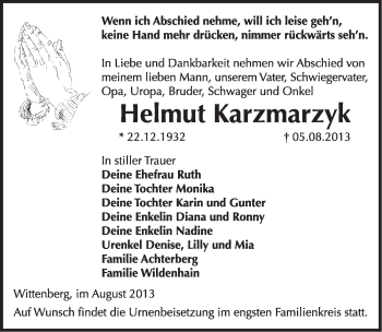 Traueranzeige von Helmut Karzmarzyk von WVG - Wochenspiegel Wittenberg