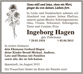 Traueranzeige von Ingeborg Hagen von Wochenspiegel Mansfelder Land