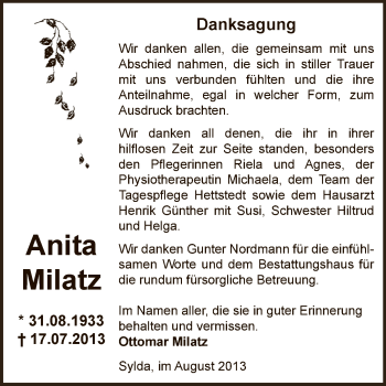 Traueranzeige von Anita Milatz von Wochenspiegel Mansfelder Land