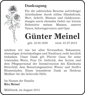 Traueranzeige von Günter Meinel von WVG - Wochenspiegel Bitterfeld