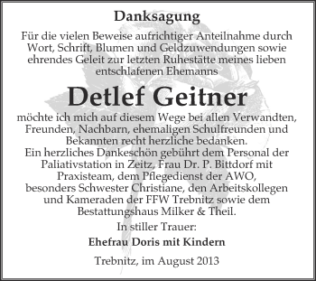Traueranzeige von Detlef Geitner von WVG - Wochenspiegel NMB / WSF / ZTZ