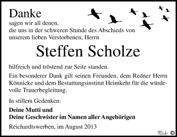Traueranzeige von Steffen Scholze von WVG - Wochenspiegel NMB / WSF / ZTZ