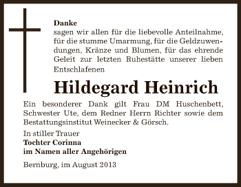 Traueranzeige von Hildegard Heinrich von Super Sonntag Bernburg