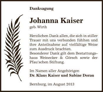 Traueranzeige von Johanna Kaiser von Super Sonntag Bernburg