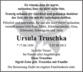 Traueranzeige von Ursula Truschka von Super Sonntag Dessau / Köthen