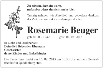 Traueranzeige von Rosemarie Beuger von WVG - Wochenspiegel Quedlinburg