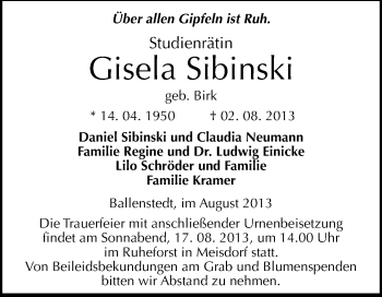 Traueranzeige von Gisela Sibinski von WVG - Wochenspiegel Quedlinburg