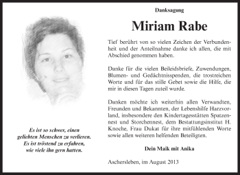 Traueranzeige von Miriam Rabe von Super Sonntag Aschersleben