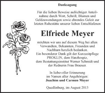 Traueranzeige von Elfriede Meyer von WVG - Wochenspiegel Quedlinburg
