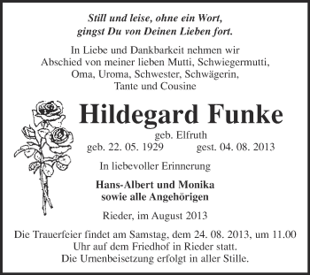 Traueranzeige von Hildegard Funke von WVG - Wochenspiegel Quedlinburg