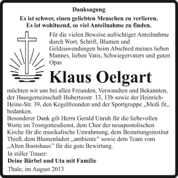 Traueranzeige von Klaus Oelgart von Super Sonntag Quedlinburg