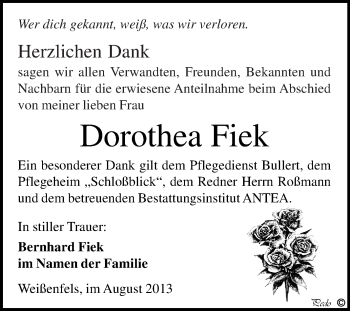Traueranzeige von Dorothea Fiek von WVG - Wochenspiegel NMB / WSF / ZTZ