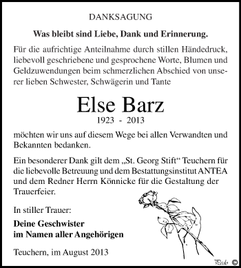Traueranzeige von Else Barz von WVG - Wochenspiegel NMB / WSF / ZTZ