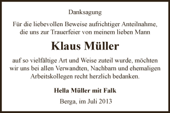 Traueranzeige von Klaus Müller von Super Sonntag SGH Mansf. Land