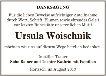 Traueranzeige von Ursula Woischnik von WVG - Wochenspiegel Bitterfeld