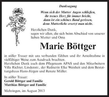 Traueranzeige von Marie Böttger von Super Sonntag Aschersleben