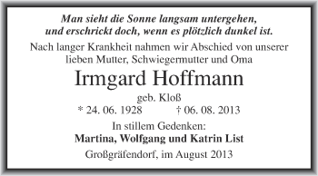 Traueranzeige von Irmgard Hoffmann von WVG - Wochenspiegel Merseburg
