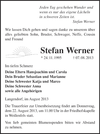 Traueranzeige von Stefan Werner von Super Sonntag Merseburg