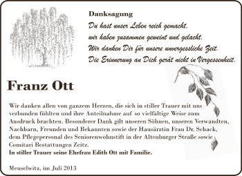 Traueranzeige von Franz Ott von Super Sonntag Zeitz