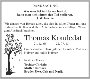 Traueranzeige von Thomas Krauledat von Super Sonntag Merseburg