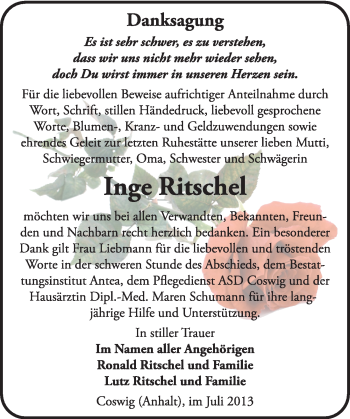 Traueranzeige von Inge Ritschel von Super Sonntag Wittenberg