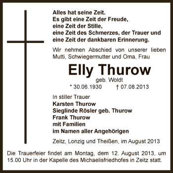 Traueranzeige von Elly Thurow von Super Sonntag Zeitz