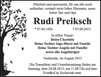 Traueranzeige von Rudi Preiksch von Super Sonntag Wittenberg