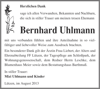 Traueranzeige von Bernhard Uhlmann von WVG - Wochenspiegel Merseburg