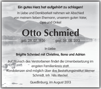 Traueranzeige von Otto Schmied von WVG - Wochenspiegel Quedlinburg