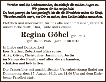 Traueranzeige von Regina Göbel von Super Sonntag Bernburg