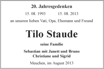 Traueranzeige von Tilo Staude von WVG - Wochenspiegel NMB / WSF / ZTZ