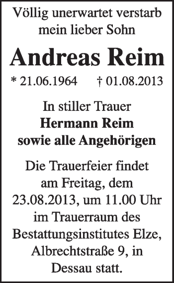 Traueranzeige von Andreas Reim von Super Sonntag Dessau / Köthen