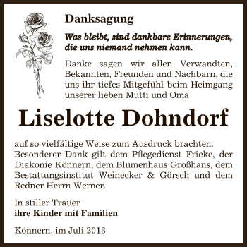 Traueranzeige von Liselotte Dohndorf von Super Sonntag Bernburg