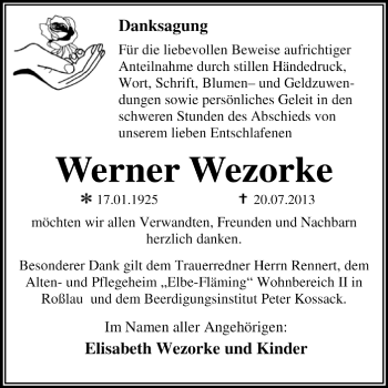Traueranzeige von Werner Wezorke von Super Sonntag Dessau / Köthen
