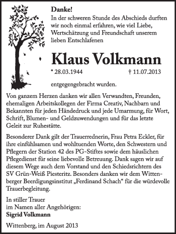 Traueranzeige von Klaus Volkmann von WVG - Wochenspiegel Wittenberg