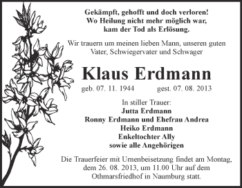 Traueranzeige von Klaus Erdmann von WVG - Wochenspiegel NMB / WSF / ZTZ