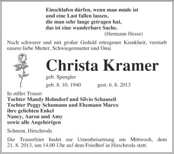 Traueranzeige von Christa Kramer von WVG - Wochenspiegel NMB / WSF / ZTZ