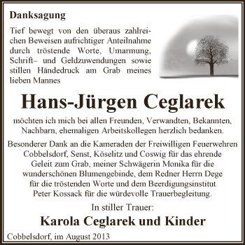 Traueranzeige von Hans-Jürgen Ceglarek von WVG - Wochenspiegel Dessau / Köthen
