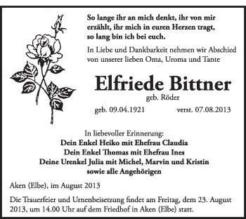 Traueranzeige von Elfriede Bittner von Super Sonntag Dessau / Köthen