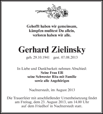 Traueranzeige von Gerhard Zielinsky von WVG - Wochenspiegel Aschersleben