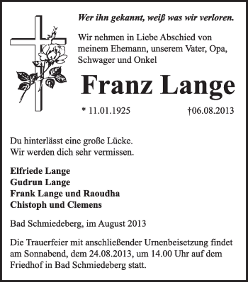 Traueranzeige von Franz Lange von WVG - Wochenspiegel Wittenberg