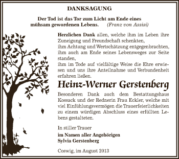 Traueranzeige von Heinz-Werner Gerstenberg von WVG - Wochenspiegel Dessau / Köthen