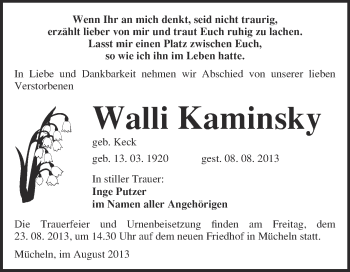 Traueranzeige von Walli Kaminsky von WVG - Wochenspiegel Merseburg