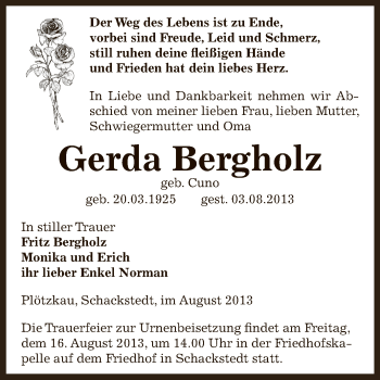 Traueranzeige von Gerda Bergholz von Super Sonntag SGH Mansf. Land