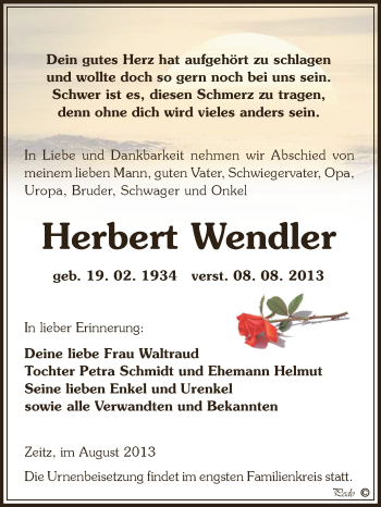 Traueranzeige von Herbert Wendler von Super Sonntag Zeitz