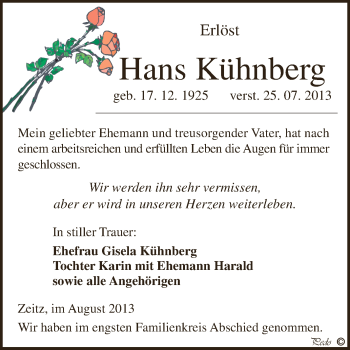 Traueranzeige von Hans Kühnberg von Super Sonntag Zeitz